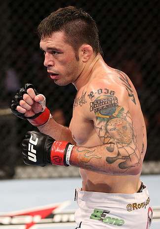 RIO DE JANEIRO, BRAZIL - OCTOBER 13:  Rony "Jason" Mariano Bezerra squares off with Sam Sicilia during their featherweight fight at UFC 153 inside HSBC Arena on October 13, 2012 in Rio de Janeiro, Brazil.  (Photo by Josh Hedges/Zuffa LLC/Zuffa LLC via Getty Images)