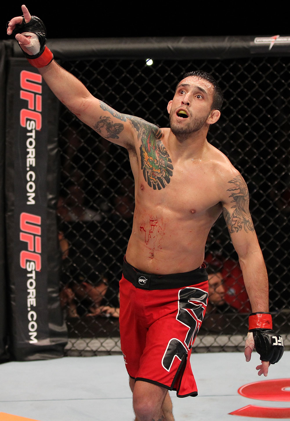 BELO HORIZONTE, BRAZIL - JUNE 23: Marcos Vinicius "Vina" reacts after knocking out Wagner "Galeto" Campos during their UFC 147 featherweight bout at Estadio Jornalista Felipe Drummond on June 23, 2012 in Belo Horizonte, Brazil. (Photo by Josh Hedges/Zuffa LLC/Zuffa LLC via Getty Images)