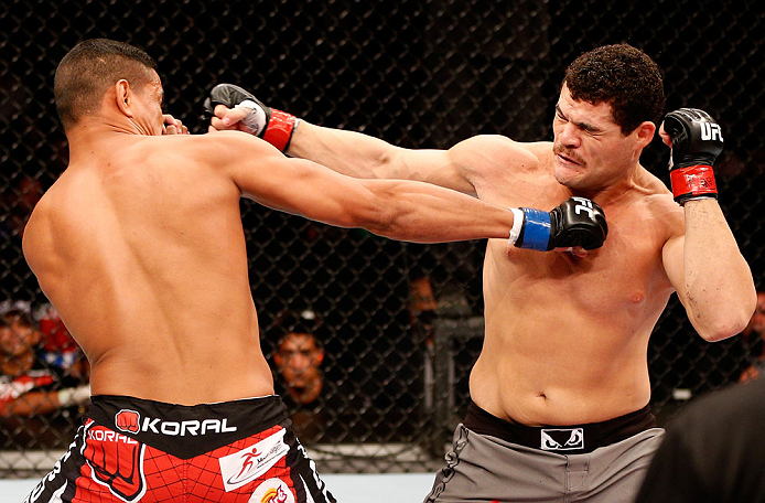 SAO PAULO, BRAZIL - JANUARY 19: (L-R) Ildemar Alcantara and Wagner Prado trade punches in their light heavyweight fight at the UFC on FX event on January 19, 2013 at Ibirapuera Gymnasium in Sao Paulo, Brazil. (Photo by Josh Hedges/Zuffa LLC/Zuffa LLC via Getty Images)