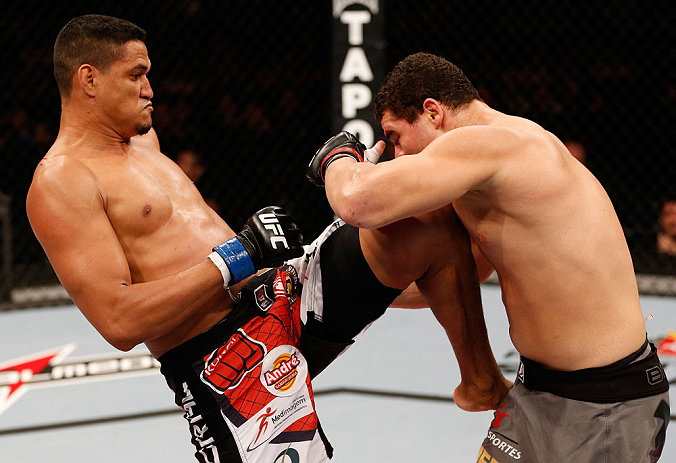 SAO PAULO, BRAZIL - JANUARY 19: (L-R) Ildemar Alcantara delivers a knee strike against Wagner Prado in their light heavyweight fight at the UFC on FX event on January 19, 2013 at Ibirapuera Gymnasium in Sao Paulo, Brazil. (Photo by Josh Hedges/Zuffa LLC/Zuffa LLC via Getty Images)