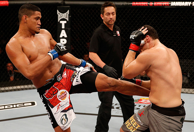 SAO PAULO, BRAZIL - JANUARY 19: (L-R) Ildemar Alcantara kicks Wagner Prado in their light heavyweight fight at the UFC on FX event on January 19, 2013 at Ibirapuera Gymnasium in Sao Paulo, Brazil. (Photo by Josh Hedges/Zuffa LLC/Zuffa LLC via Getty Images)