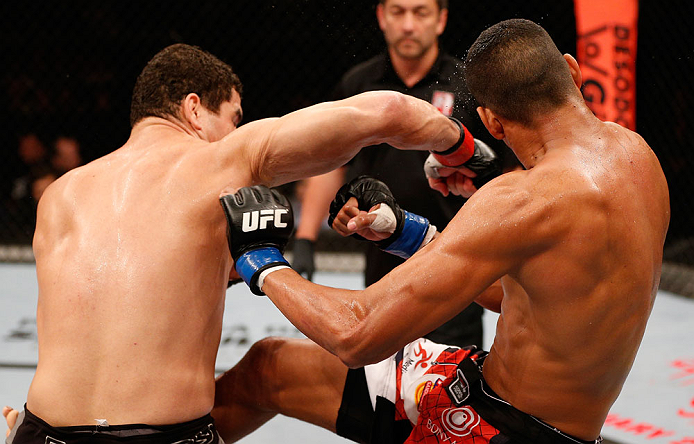 SAO PAULO, BRAZIL - JANUARY 19: (L-R) Wagner Prado punches Ildemar Alcantara in their light heavyweight fight at the UFC on FX event on January 19, 2013 at Ibirapuera Gymnasium in Sao Paulo, Brazil. (Photo by Josh Hedges/Zuffa LLC/Zuffa LLC via Getty Images)