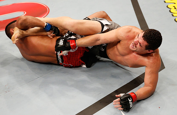 SAO PAULO, BRAZIL - JANUARY 19: (L-R) Ildemar Alcantara secures a knee bar submission against Wagner Prado in their light heavyweight fight at the UFC on FX event on January 19, 2013 at Ibirapuera Gymnasium in Sao Paulo, Brazil. (Photo by Josh Hedges/Zuffa LLC/Zuffa LLC via Getty Images)