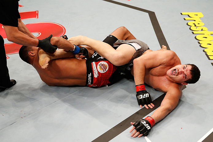 SAO PAULO, BRAZIL - JANUARY 19: (L-R) Ildemar Alcantara secures a knee bar submission against Wagner Prado in their light heavyweight fight at the UFC on FX event on January 19, 2013 at Ibirapuera Gymnasium in Sao Paulo, Brazil. (Photo by Josh Hedges/Zuffa LLC/Zuffa LLC via Getty Images)
