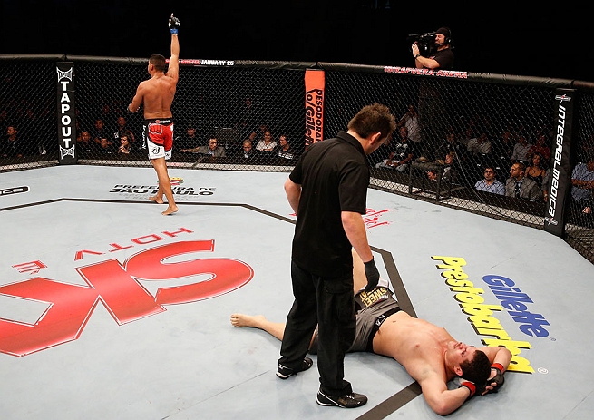 SAO PAULO, BRAZIL - JANUARY 19: Ildemar Alcantara (L) reacts after defeating Wagner Prado in their light heavyweight fight at the UFC on FX event on January 19, 2013 at Ibirapuera Gymnasium in Sao Paulo, Brazil. (Photo by Josh Hedges/Zuffa LLC/Zuffa LLC via Getty Images)