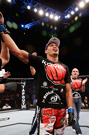 SAO PAULO, BRAZIL - JANUARY 19: Ildemar Alcantara reacts after defeating Wagner Prado in their light heavyweight fight at the UFC on FX event on January 19, 2013 at Ibirapuera Gymnasium in Sao Paulo, Brazil. (Photo by Josh Hedges/Zuffa LLC/Zuffa LLC via Getty Images)