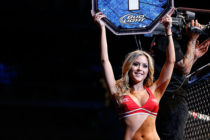 LAS VEGAS, NV - FEBRUARY 02: UFC Octagon Girl Brittney Palmer introduces round one of Yves Edwards and Isaac Vallie-Flagg's lightweight fight at UFC 156 on February 2, 2013 at the Mandalay Bay Events Center in Las Vegas, Nevada. (Photo by Josh Hedges/Zuffa LLC/Zuffa LLC via Getty Images) *** Local Caption *** Yves Edwards; Isaac Vallie-Flagg