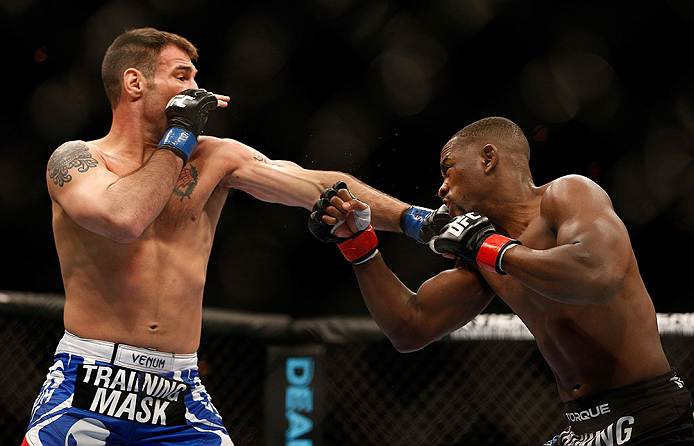 LAS VEGAS, NV - FEBRUARY 02: (L-R) Isaac Vallie-Flagg punches Yves Edwards during their lightweight fight at UFC 156 on February 2, 2013 at the Mandalay Bay Events Center in Las Vegas, Nevada. (Photo by Josh Hedges/Zuffa LLC/Zuffa LLC via Getty Images) *** Local Caption *** Yves Edwards; Isaac Vallie-Flagg