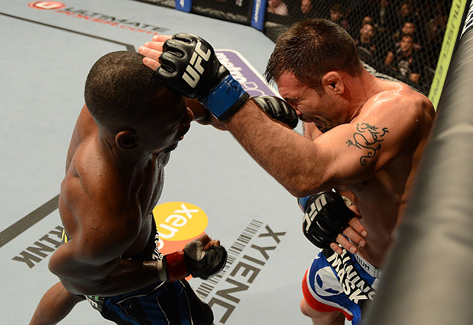 LAS VEGAS, NV - FEBRUARY 02: (L-R) Yves Edwards punches Isaac Vallie-Flagg during their lightweight fight at UFC 156 on February 2, 2013 at the Mandalay Bay Events Center in Las Vegas, Nevada. (Photo by Donald Miralle/Zuffa LLC/Zuffa LLC via Getty Images) *** Local Caption *** Yves Edwards; Isaac Vallie-Flagg