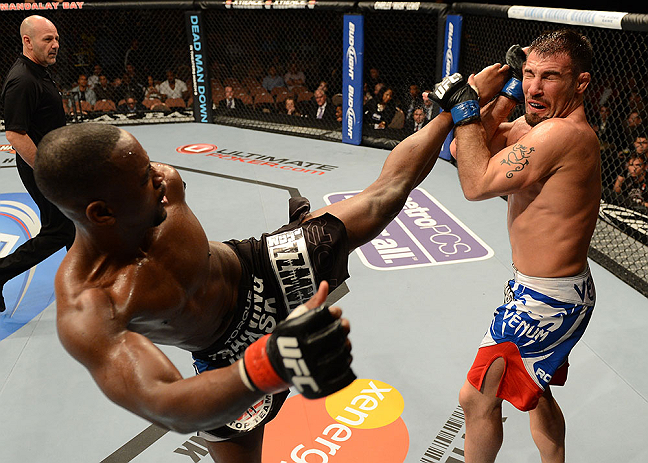 LAS VEGAS, NV - FEBRUARY 02: (L-R) Yves Edwards kicks Isaac Vallie-Flagg during their lightweight fight at UFC 156 on February 2, 2013 at the Mandalay Bay Events Center in Las Vegas, Nevada. (Photo by Donald Miralle/Zuffa LLC/Zuffa LLC via Getty Images) *** Local Caption *** Yves Edwards; Isaac Vallie-Flagg
