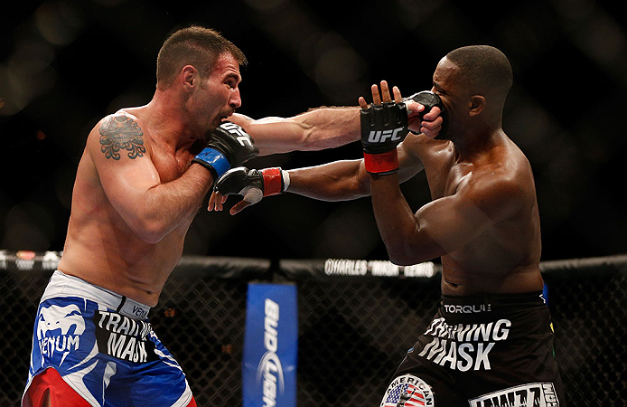 LAS VEGAS, NV - FEBRUARY 02: (L-R) Isaac Vallie-Flagg punches Yves Edwards during their lightweight fight at UFC 156 on February 2, 2013 at the Mandalay Bay Events Center in Las Vegas, Nevada. (Photo by Josh Hedges/Zuffa LLC/Zuffa LLC via Getty Images) *** Local Caption *** Yves Edwards; Isaac Vallie-Flagg