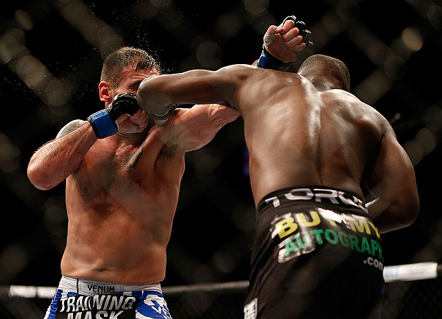 LAS VEGAS, NV - FEBRUARY 02: (R-L) Yves Edwards punches Isaac Vallie-Flagg during their lightweight fight at UFC 156 on February 2, 2013 at the Mandalay Bay Events Center in Las Vegas, Nevada. (Photo by Josh Hedges/Zuffa LLC/Zuffa LLC via Getty Images) *** Local Caption *** Yves Edwards; Isaac Vallie-Flagg