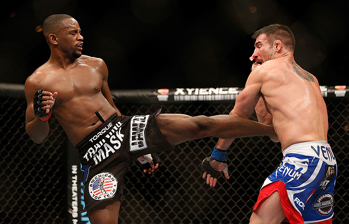 LAS VEGAS, NV - FEBRUARY 02: (L-R) Yves Edwards kicks Isaac Vallie-Flagg during their lightweight fight at UFC 156 on February 2, 2013 at the Mandalay Bay Events Center in Las Vegas, Nevada. (Photo by Josh Hedges/Zuffa LLC/Zuffa LLC via Getty Images) *** Local Caption *** Yves Edwards; Isaac Vallie-Flagg