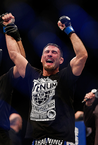 LAS VEGAS, NV - FEBRUARY 02: Isaac Vallie-Flagg reacts to his victory over Yves Edwards after their lightweight fight at UFC 156 on February 2, 2013 at the Mandalay Bay Events Center in Las Vegas, Nevada. (Photo by Josh Hedges/Zuffa LLC/Zuffa LLC via Getty Images) *** Local Caption *** Yves Edwards; Isaac Vallie-Flagg