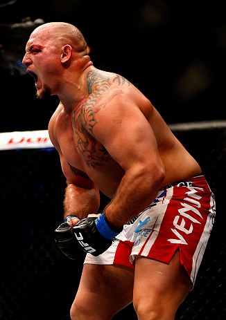 CHICAGO, IL - JANUARY 26:  Shawn Jordan celebrates defeating Mike Russow during their Heavyweight Bout part of UFC on FOX at United Center on January 26, 2013 in Chicago, Illinois.  (Photo by Josh Hedges/Zuffa LLC/Zuffa LLC Via Getty Images)