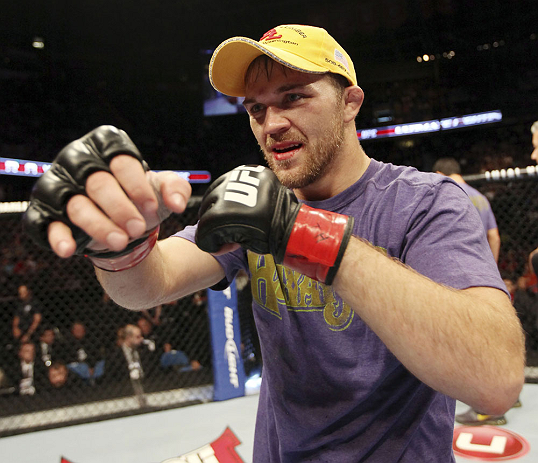 CALGARY, CANADA - JULY 21:  Bryan Caraway celebrates after defeating Mitch Gagnon during their bantamweight bout at UFC 149 inside the Scotiabank Saddledome on July 21, 2012 in Calgary, Alberta, Canada.  (Photo by Nick Laham/Zuffa LLC/Zuffa LLC via Getty Images)