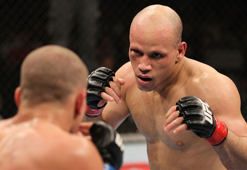 BELO HORIZONTE, BRAZIL - JUNE 23: (R-L) Thiago "Bodao" Perpetuo squares off with Leonardo Mafra during their UFC 147 middleweight bout at Estadio Jornalista Felipe Drummond on June 23, 2012 in Belo Horizonte, Brazil. (Photo by Josh Hedges/Zuffa LLC/Zuffa LLC via Getty Images)