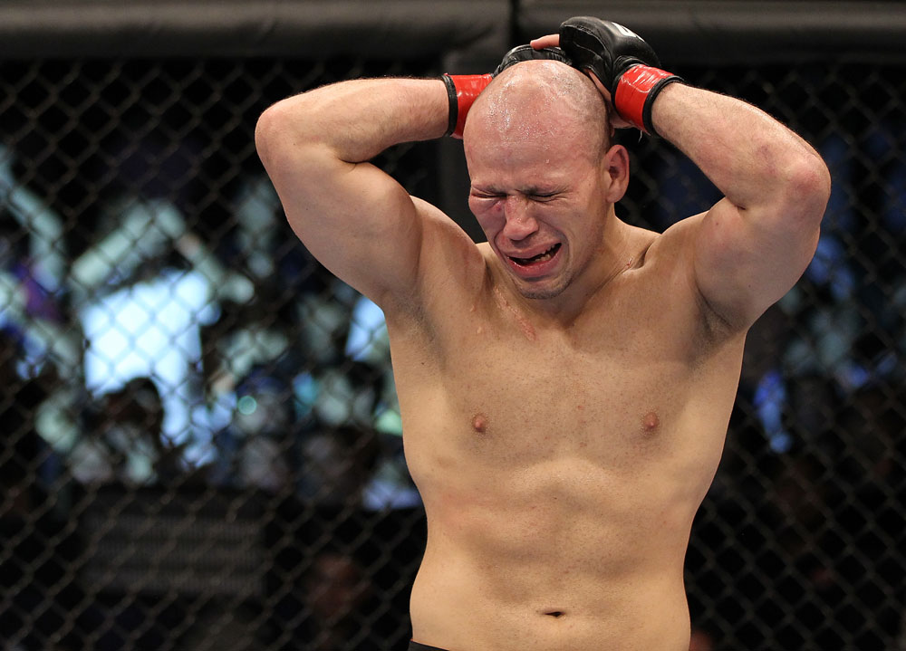 BELO HORIZONTE, BRAZIL - JUNE 23: Thiago "Bodao" Perpetuo reacts after his TKO victory over Leonardo Mafra during their UFC 147 middleweight bout at Estadio Jornalista Felipe Drummond on June 23, 2012 in Belo Horizonte, Brazil. (Photo by Josh Hedges/Zuffa LLC/Zuffa LLC via Getty Images)