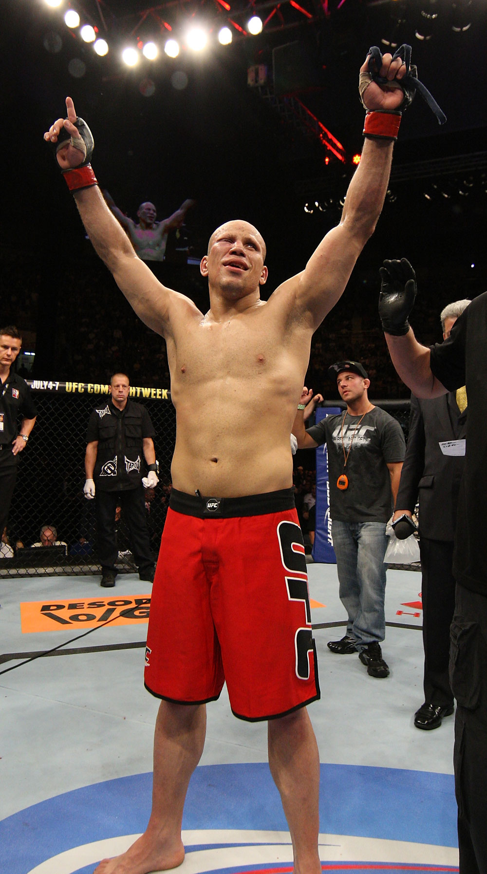 BELO HORIZONTE, BRAZIL - JUNE 23: Thiago "Bodao" Perpetuo reacts after his TKO victory over Leonardo Mafra during their UFC 147 middleweight bout at Estadio Jornalista Felipe Drummond on June 23, 2012 in Belo Horizonte, Brazil. (Photo by Josh Hedges/Zuffa LLC/Zuffa LLC via Getty Images)