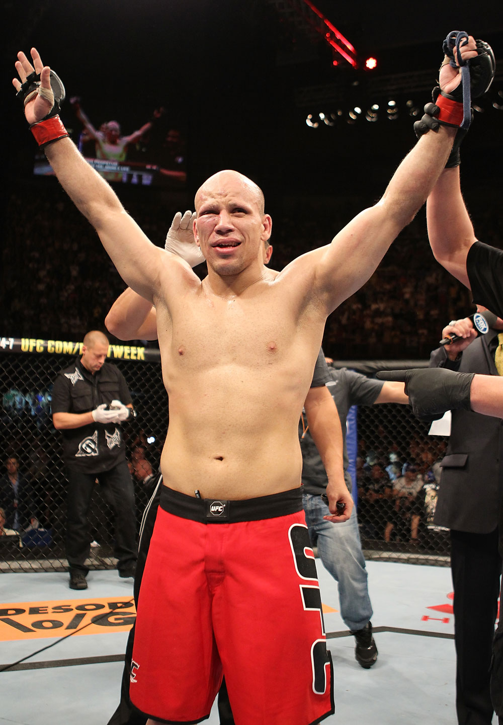 BELO HORIZONTE, BRAZIL - JUNE 23: Thiago "Bodao" Perpetuo reacts after his TKO victory over Leonardo Mafra during their UFC 147 middleweight bout at Estadio Jornalista Felipe Drummond on June 23, 2012 in Belo Horizonte, Brazil. (Photo by Josh Hedges/Zuffa LLC/Zuffa LLC via Getty Images)