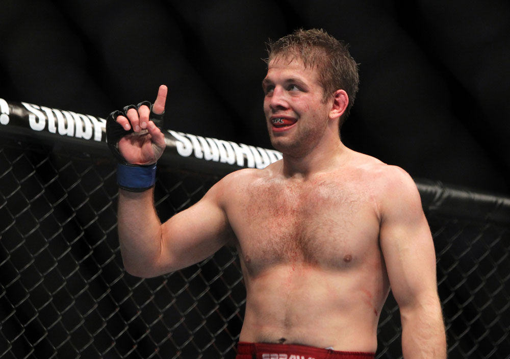 TORONTO, ON - DECEMBER 10:  Nik Lentz reacts after his three-round bout against Mark Bocek during the UFC 140 event at Air Canada Centre on December 10, 2011 in Toronto, Ontario, Canada.  (Photo by Josh Hedges/Zuffa LLC/Zuffa LLC via Getty Images)