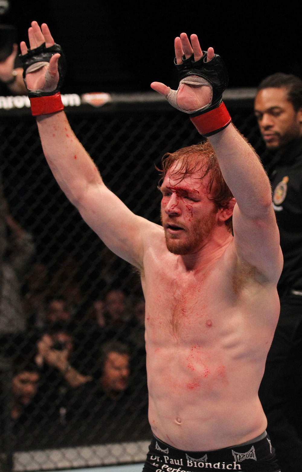 TORONTO, ON - DECEMBER 10:  Mark Bocek reacts after his decision victory over Nik Lentz during the UFC 140 event at Air Canada Centre on December 10, 2011 in Toronto, Ontario, Canada.  (Photo by Nick Laham/Zuffa LLC/Zuffa LLC via Getty Images)