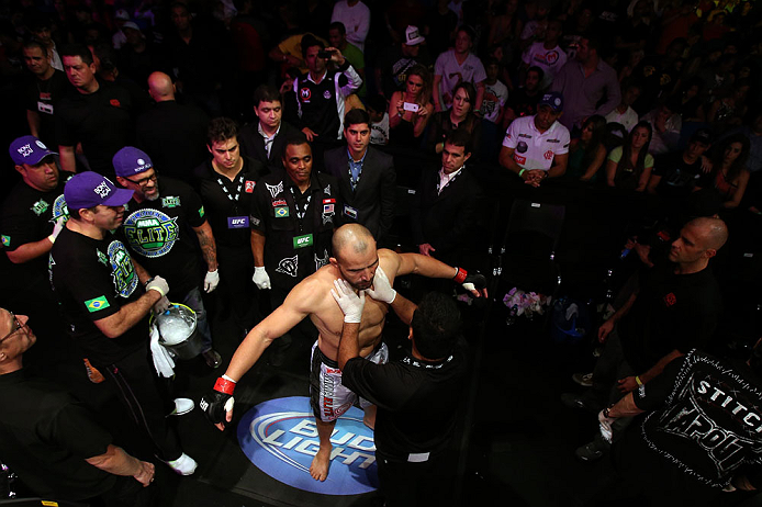 RIO DE JANEIRO, BRAZIL - OCTOBER 13:  Glover Teixeira prepares to enter the Octagon before his light heavyweight fight against Fabio Maldonado at UFC 153 inside HSBC Arena on October 13, 2012 in Rio de Janeiro, Brazil.  (Photo by Josh Hedges/Zuffa LLC/Zuffa LLC via Getty Images)