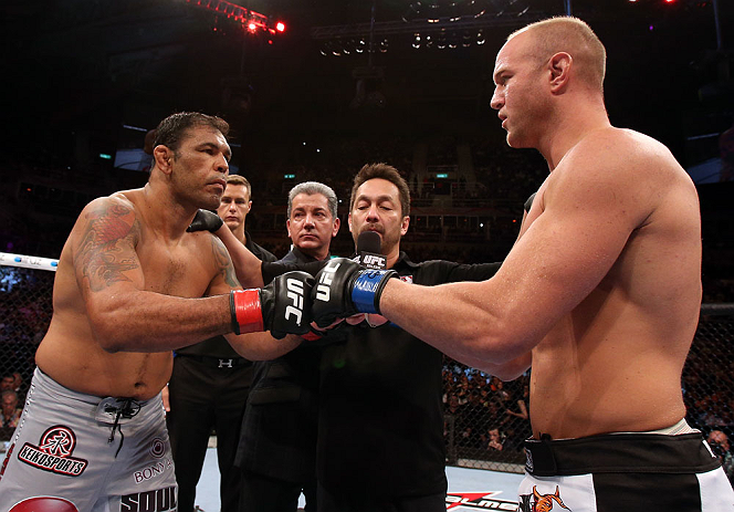 RIO DE JANEIRO, BRAZIL - OCTOBER 13:  (L-R) Opponents Antonio Rodrigo "Minotauro" Nogeuira and Dave Herman touch gloves before their heavyweight fight at UFC 153 inside HSBC Arena on October 13, 2012 in Rio de Janeiro, Brazil.  (Photo by Josh Hedges/Zuffa LLC/Zuffa LLC via Getty Images)
