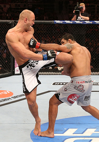 RIO DE JANEIRO, BRAZIL - OCTOBER 13:  (L-R) Dave Herman kicks Antonio Rodrigo "Minotauro" Nogeuira during their heavyweight fight at UFC 153 inside HSBC Arena on October 13, 2012 in Rio de Janeiro, Brazil.  (Photo by Josh Hedges/Zuffa LLC/Zuffa LLC via Getty Images)