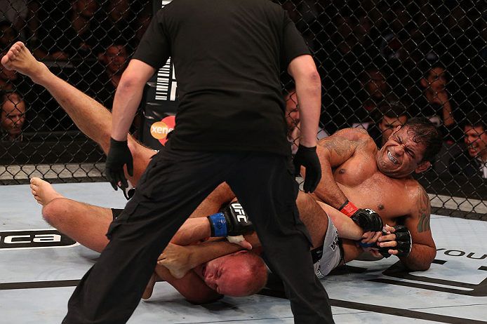 RIO DE JANEIRO, BRAZIL - OCTOBER 13:  (R-L) Antonio Rodrigo "Minotauro" Nogeuira defeats Dave Herman with an arm bar submission during their heavyweight fight at UFC 153 inside HSBC Arena on October 13, 2012 in Rio de Janeiro, Brazil.  (Photo by Josh Hedges/Zuffa LLC/Zuffa LLC via Getty Images)