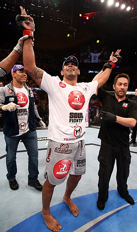 RIO DE JANEIRO, BRAZIL - OCTOBER 13:  Antonio Rodrigo "Minotauro" Nogeuira reacts after defeating Dave Herman during their heavyweight fight at UFC 153 inside HSBC Arena on October 13, 2012 in Rio de Janeiro, Brazil.  (Photo by Josh Hedges/Zuffa LLC/Zuffa LLC via Getty Images)