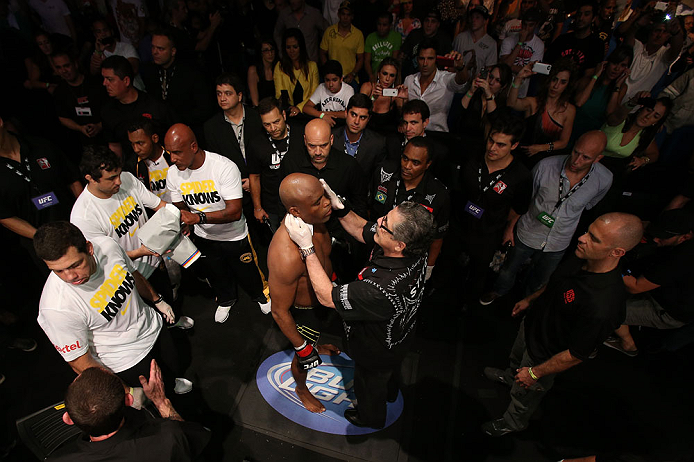 RIO DE JANEIRO, BRAZIL - OCTOBER 13:  Anderson Silva prepares to enter the Octagon before his light heavyweight fight against Stephan Bonnar at UFC 153 inside HSBC Arena on October 13, 2012 in Rio de Janeiro, Brazil.  (Photo by Josh Hedges/Zuffa LLC/Zuffa LLC via Getty Images)