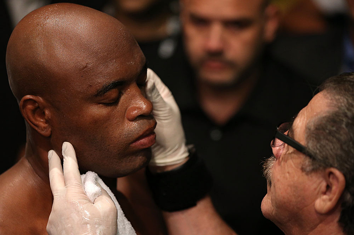 RIO DE JANEIRO, BRAZIL - OCTOBER 13:  Anderson Silva prepares to enter the Octagon before his light heavyweight fight against Stephan Bonnar at UFC 153 inside HSBC Arena on October 13, 2012 in Rio de Janeiro, Brazil.  (Photo by Josh Hedges/Zuffa LLC/Zuffa LLC via Getty Images)