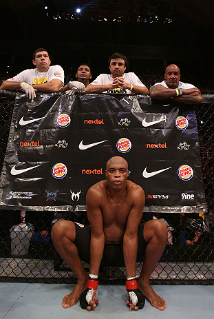 RIO DE JANEIRO, BRAZIL - OCTOBER 13:  Anderson Silva sits in his corner before his  light heavyweight fight against Stephan Bonnar at UFC 153 inside HSBC Arena on October 13, 2012 in Rio de Janeiro, Brazil.  (Photo by Josh Hedges/Zuffa LLC/Zuffa LLC via Getty Images)