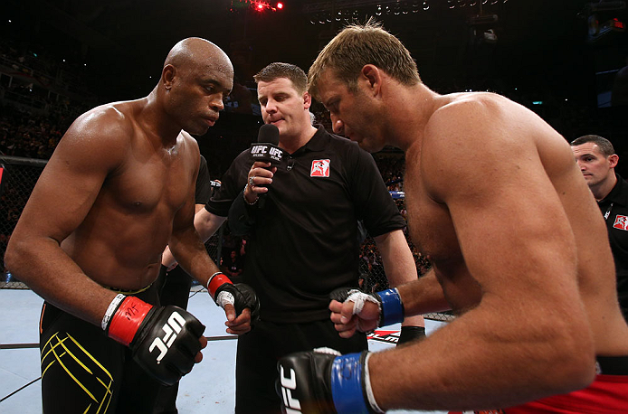 RIO DE JANEIRO, BRAZIL - OCTOBER 13:  (L-R) Opponents Anderson Silva and Stephan Bonnar touch gloves before their light heavyweight fight at UFC 153 inside HSBC Arena on October 13, 2012 in Rio de Janeiro, Brazil.  (Photo by Josh Hedges/Zuffa LLC/Zuffa LLC via Getty Images)
