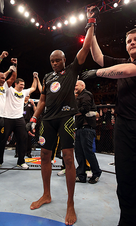 RIO DE JANEIRO, BRAZIL - OCTOBER 13:  Anderson Silva reacts after his TKO victory over Stephan Bonnar during their light heavyweight fight at UFC 153 inside HSBC Arena on October 13, 2012 in Rio de Janeiro, Brazil.  (Photo by Josh Hedges/Zuffa LLC/Zuffa LLC via Getty Images)