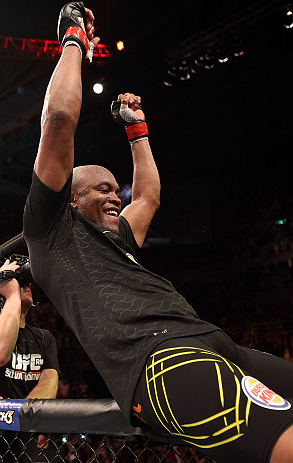 RIO DE JANEIRO, BRAZIL - OCTOBER 13:  Anderson Silva reacts after his TKO victory over Stephan Bonnar during their light heavyweight fight at UFC 153 inside HSBC Arena on October 13, 2012 in Rio de Janeiro, Brazil.  (Photo by Josh Hedges/Zuffa LLC/Zuffa LLC via Getty Images)