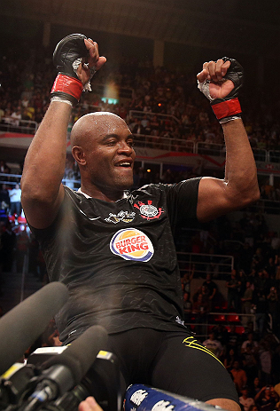 RIO DE JANEIRO, BRAZIL - OCTOBER 13:  Anderson Silva reacts after his TKO victory over Stephan Bonnar during their light heavyweight fight at UFC 153 inside HSBC Arena on October 13, 2012 in Rio de Janeiro, Brazil.  (Photo by Josh Hedges/Zuffa LLC/Zuffa LLC via Getty Images)