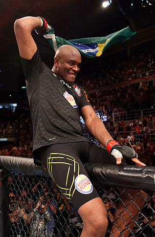 RIO DE JANEIRO, BRAZIL - OCTOBER 13:  Anderson Silva reacts after his TKO victory over Stephan Bonnar during their light heavyweight fight at UFC 153 inside HSBC Arena on October 13, 2012 in Rio de Janeiro, Brazil.  (Photo by Josh Hedges/Zuffa LLC/Zuffa LLC via Getty Images)