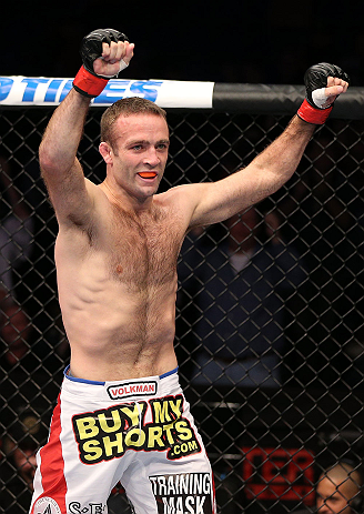 MINNEAPOLIS, MN - OCTOBER 05: Jacob Volkmann reacts after submitting Shane Roller during their lightweight fight at the UFC on FX event at Target Center on October 5, 2012 in Minneapolis, Minnesota. (Photo by Josh Hedges/Zuffa LLC/Zuffa LLC via Getty Images)