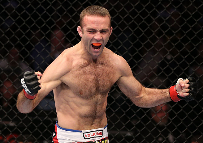 MINNEAPOLIS, MN - OCTOBER 05: Jacob Volkmann reacts after submitting Shane Roller during their lightweight fight at the UFC on FX event at Target Center on October 5, 2012 in Minneapolis, Minnesota. (Photo by Josh Hedges/Zuffa LLC/Zuffa LLC via Getty Images)