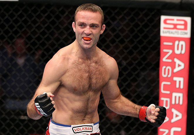 MINNEAPOLIS, MN - OCTOBER 05: Jacob Volkmann reacts after submitting Shane Roller during their lightweight fight at the UFC on FX event at Target Center on October 5, 2012 in Minneapolis, Minnesota. (Photo by Josh Hedges/Zuffa LLC/Zuffa LLC via Getty Images)