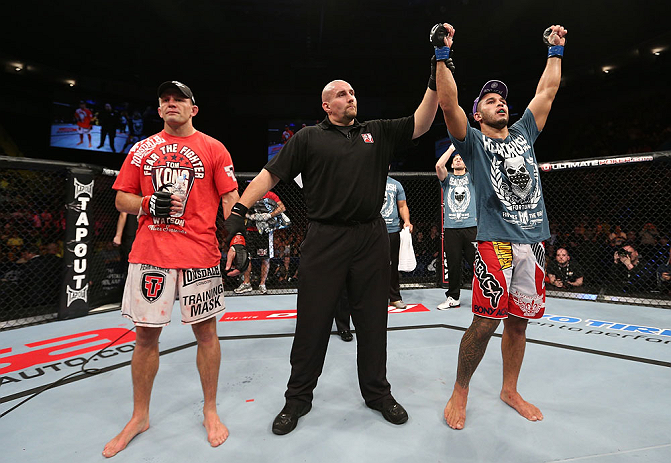 NOTTINGHAM, ENGLAND - SEPTEMBER 29: Brad Tavares (R) reacts after defeating Tom Watson (L) during their middleweight fight at the UFC on Fuel TV event at Capital FM Arena on September 29, 2012 in Nottingham, England. (Photo by Josh Hedges/Zuffa LLC/Zuffa LLC via Getty Images)