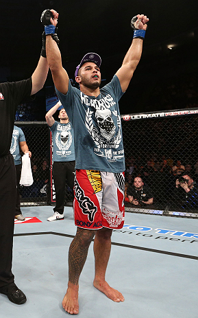 NOTTINGHAM, ENGLAND - SEPTEMBER 29: Brad Tavares reacts after defeating Tom Watson during their middleweight fight at the UFC on Fuel TV event at Capital FM Arena on September 29, 2012 in Nottingham, England. (Photo by Josh Hedges/Zuffa LLC/Zuffa LLC via Getty Images)