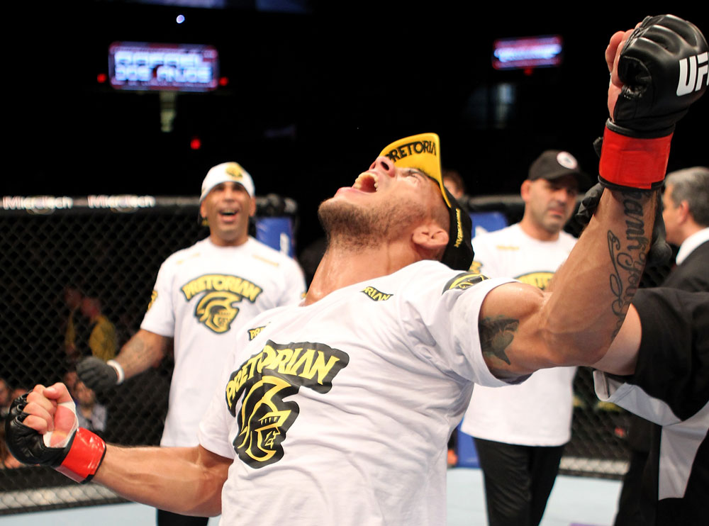 FAIRFAX, VA - MAY 15:  Rafael Dos Anjos reacts after defeating Kamal Shalorus in a lightweight bout during the UFC on Fuel TV event at Patriot Center on May 15, 2012 in Fairfax, Virginia.  (Photo by Josh Hedges/Zuffa LLC/Zuffa LLC via Getty Images)