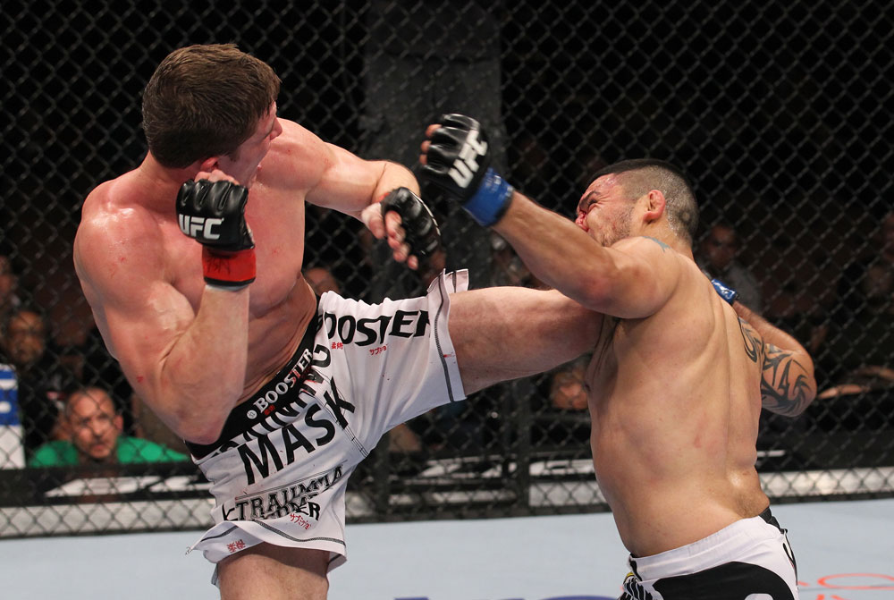 LAS VEGAS, NV - FEBRUARY 04:  (L-R) Matt Riddle kicks Henry Martinez during the UFC 143 event at Mandalay Bay Events Center on February 4, 2012 in Las Vegas, Nevada.  (Photo by Nick Laham/Zuffa LLC/Zuffa LLC via Getty Images) *** Local Caption *** Matt Riddle; Henry Martinez
