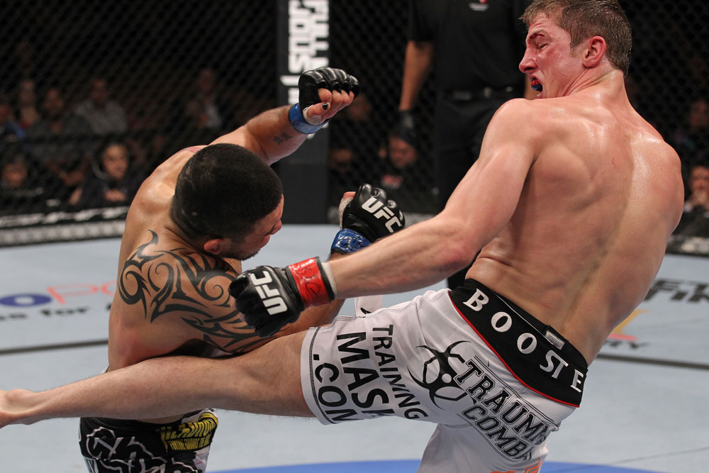 LAS VEGAS, NV - FEBRUARY 04:  Matt Riddle (right) kicks Henry Martinez during the UFC 143 event at Mandalay Bay Events Center on February 4, 2012 in Las Vegas, Nevada.  (Photo by Nick Laham/Zuffa LLC/Zuffa LLC via Getty Images) *** Local Caption *** Matt Riddle; Henry Martinez