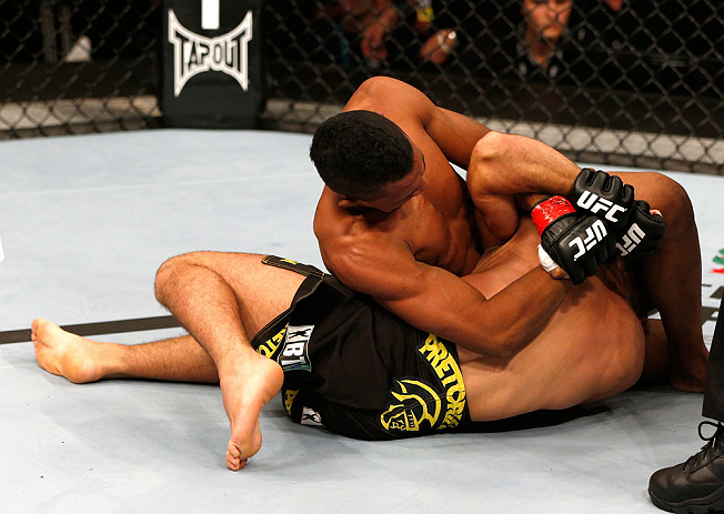 SAO PAULO, BRAZIL - JANUARY 19: (L-R) Yuri Alcantara attempts a shoulder lock submission against Pedro Nobre in their bantamweight fight at the UFC on FX event on January 19, 2013 at Ibirapuera Gymnasium in Sao Paulo, Brazil. (Photo by Josh Hedges/Zuffa LLC/Zuffa LLC via Getty Images)