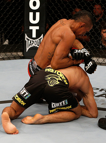 SAO PAULO, BRAZIL - JANUARY 19: (L-R) Yuri Alcantara attempts a shoulder lock submission against Pedro Nobre in their bantamweight fight at the UFC on FX event on January 19, 2013 at Ibirapuera Gymnasium in Sao Paulo, Brazil. (Photo by Josh Hedges/Zuffa LLC/Zuffa LLC via Getty Images)