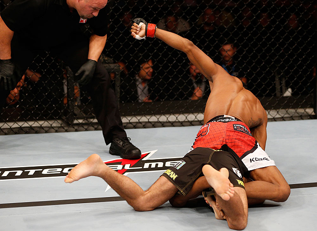 SAO PAULO, BRAZIL - JANUARY 19: Yuri Alcantara (top) punches down at Pedro Nobre in their bantamweight fight at the UFC on FX event on January 19, 2013 at Ibirapuera Gymnasium in Sao Paulo, Brazil. (Photo by Josh Hedges/Zuffa LLC/Zuffa LLC via Getty Images)